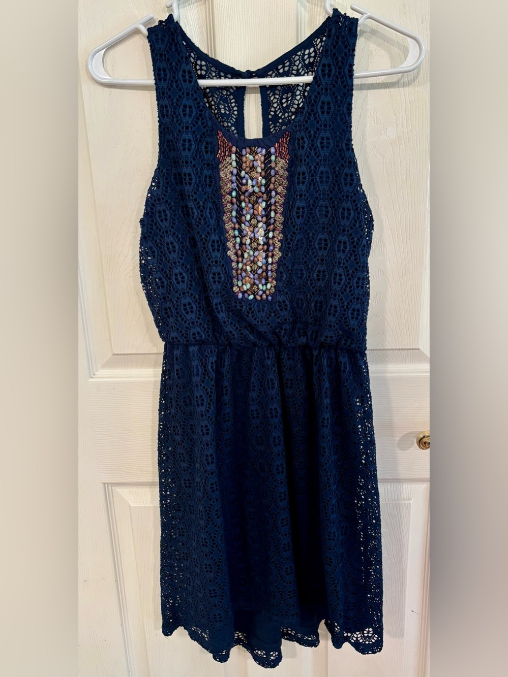 Maurices Navy Crochet V-Neck Dress with beaded chest accents
